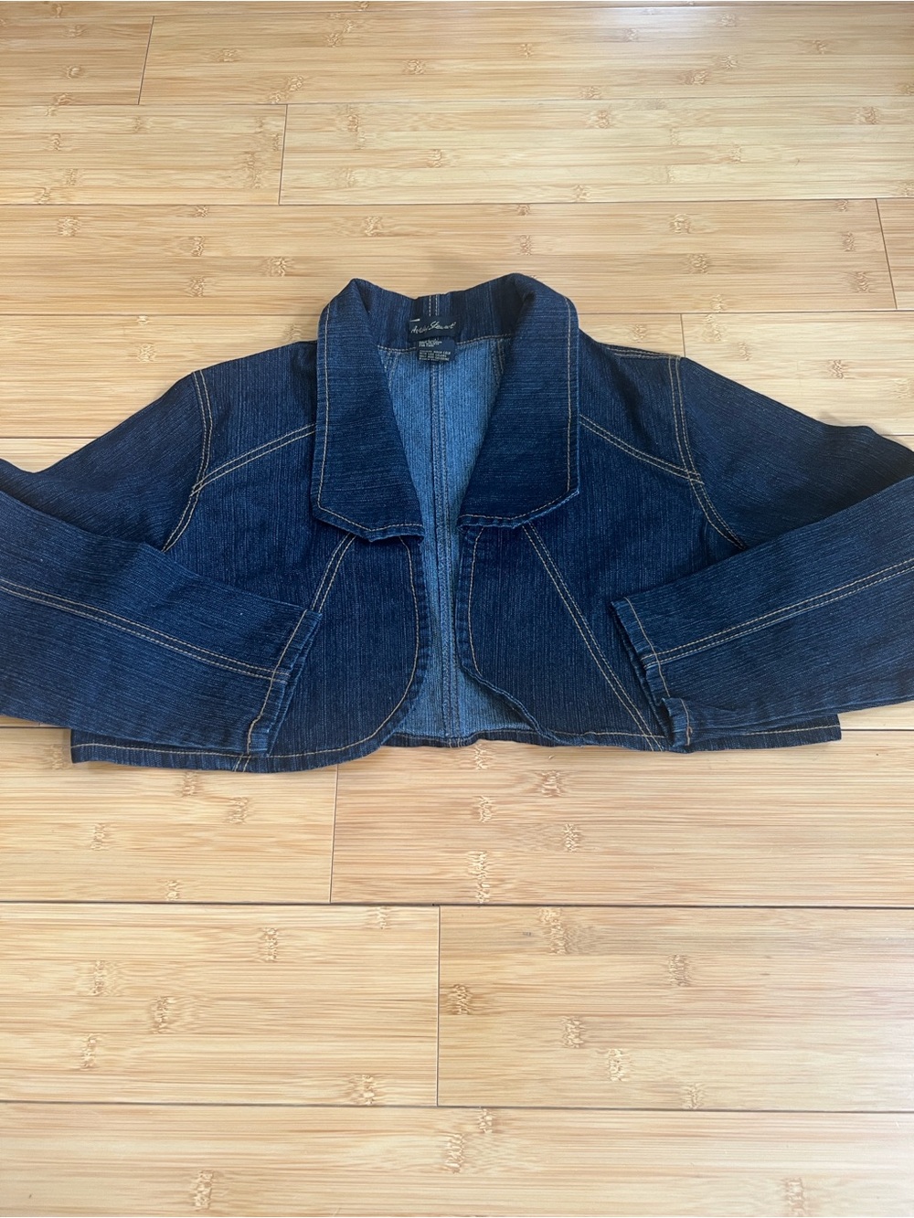 Vintage Ashley Stewart Y2K Cropped Denim Shrug Jacket Open Front Blue Jean Sz 14